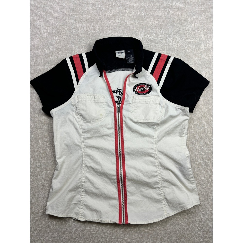 Harley-Davidson Womens XL White Black Red Zip Up Short Sleeve Shirt Embroidered